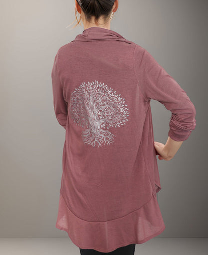 Light Weight Tree of Life Design Women's Long Sleeves Ruffle Cardigan in Dusty Rose